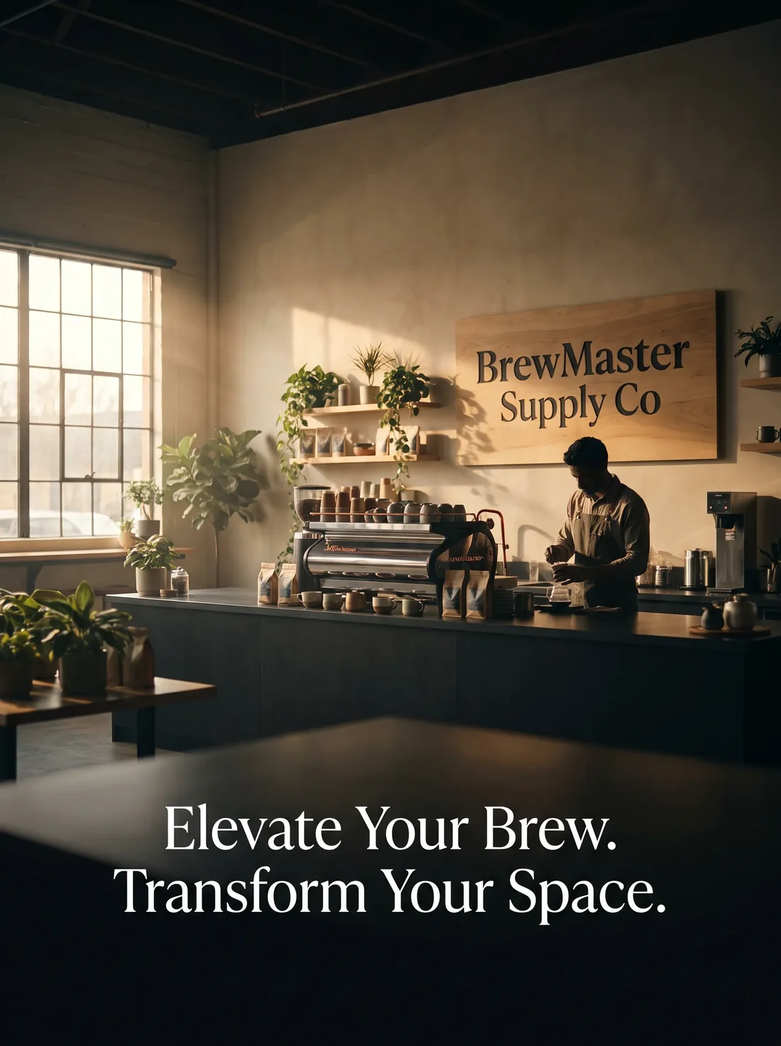 Generated campaign key visual for BrewMaster Supply Co: barista craft station in sunlit studio roastery: 'Elevate Your Brew. Transform Your Space.'