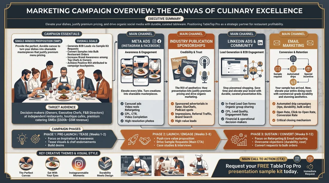 Generated campaign overview document for 'The Canvas of Culinary Excellence' (TableTop Pro), showing campaign essentials, goals, target audience, phases, and channels.