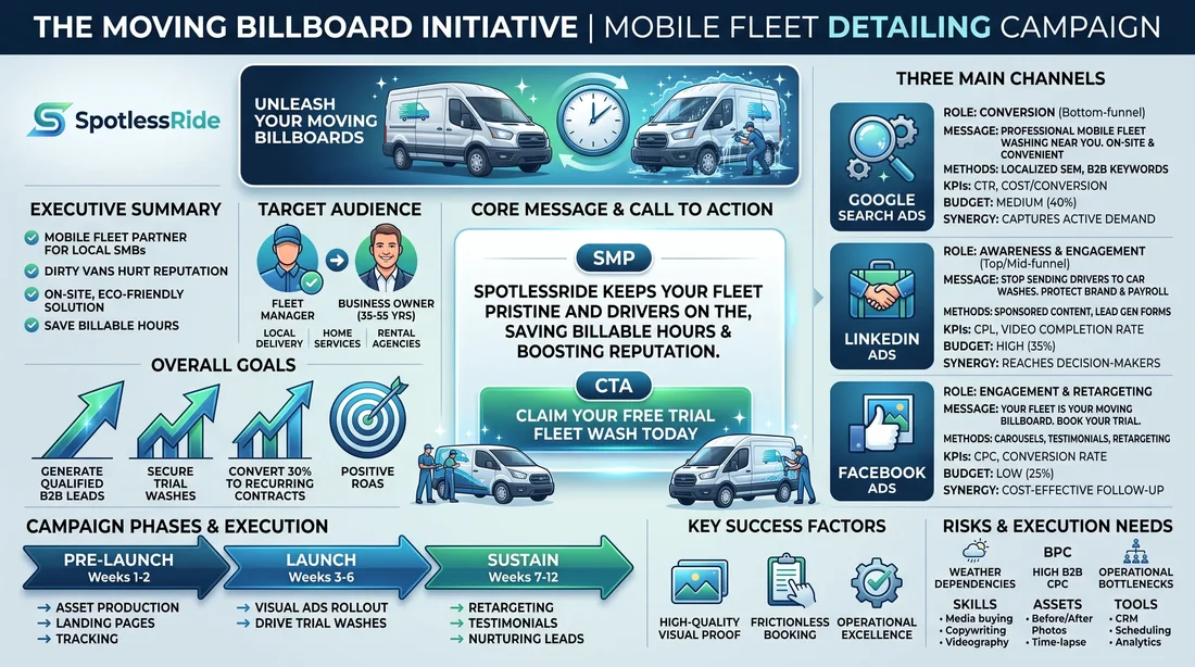 Generated campaign overview document for SpotlessRide: mobile commercial fleet detailing and vehicle maintenance marketing plan.